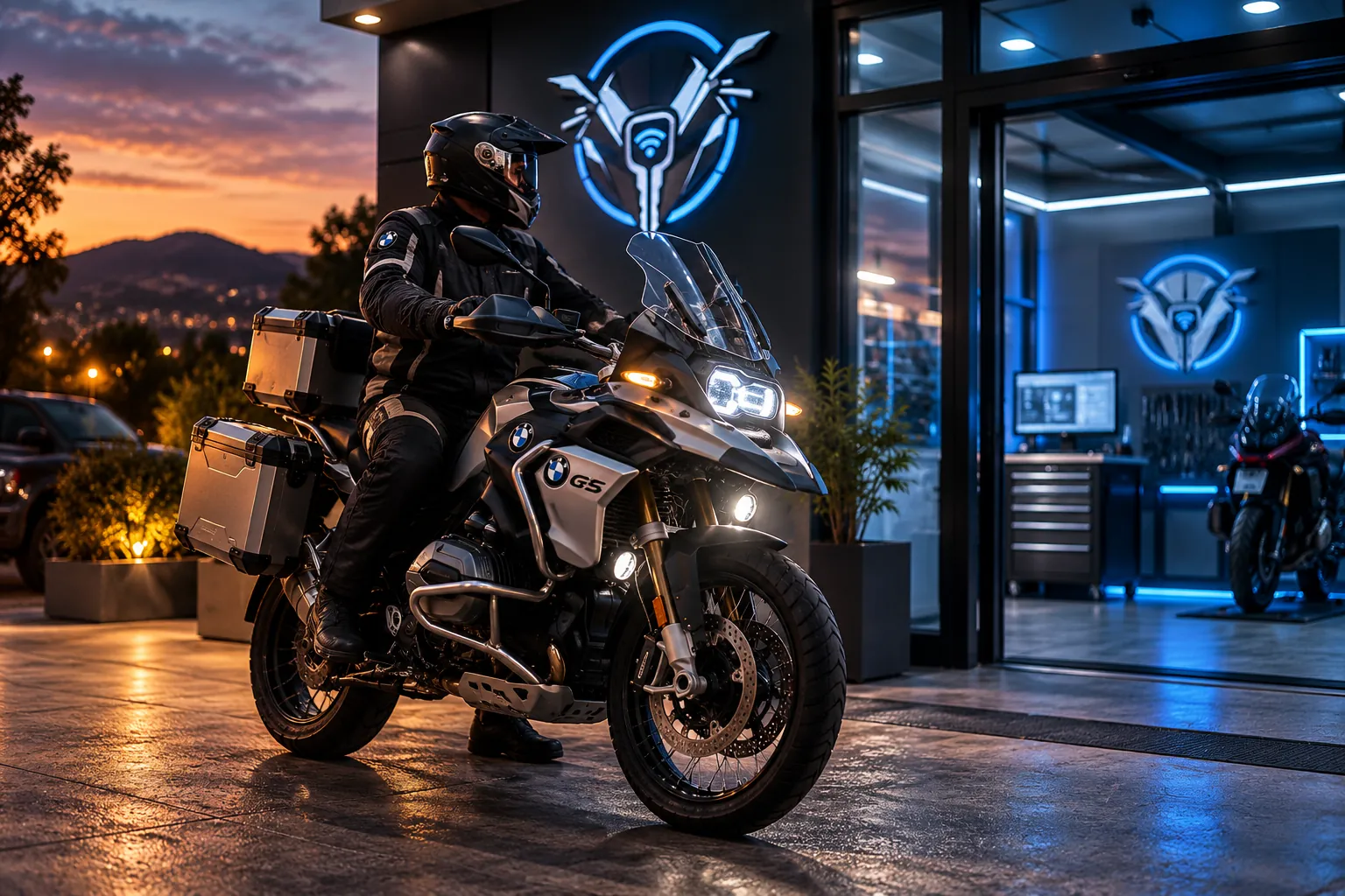 Motociclista saliendo de RE:MOTO LAB con motocicleta BMW