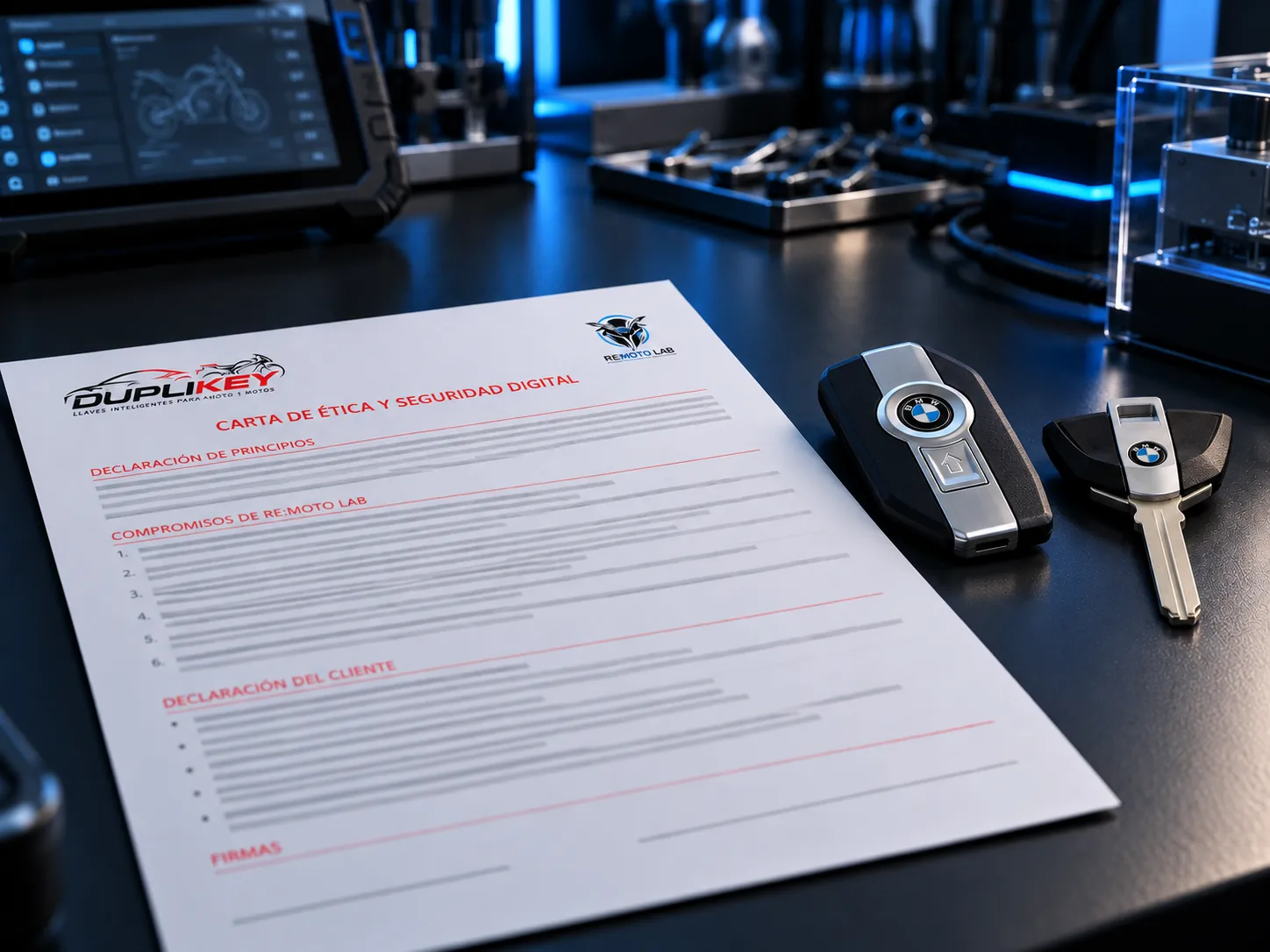 Carta de Ética de RE:MOTO LAB junto a llave Keyless Ride y llave mecánica BMW Motorrad en laboratorio