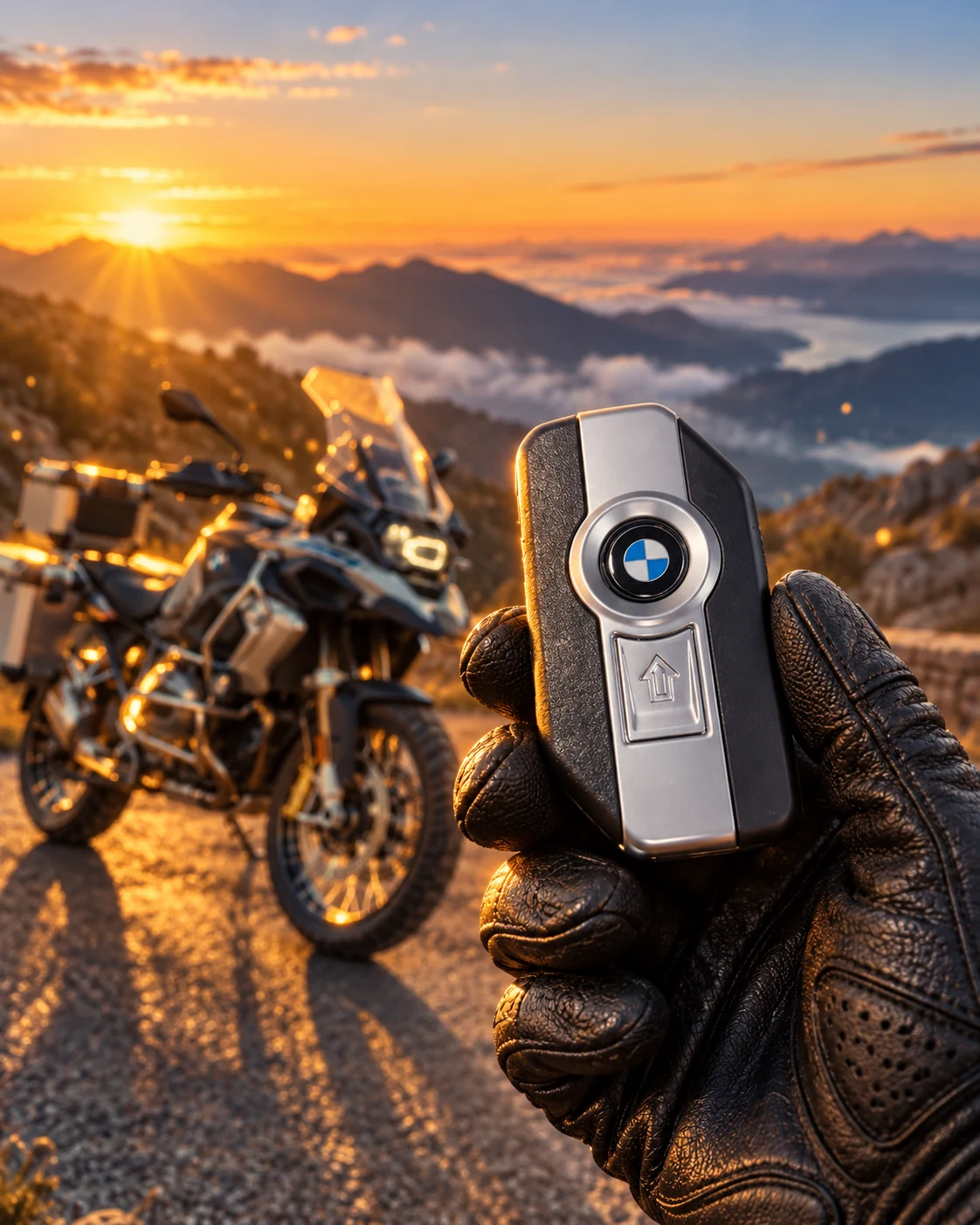 Llave BMW Motorrad Keyless Ride sostenida en mano con motocicleta GS al fondo