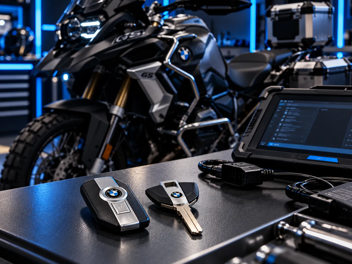 Laboratorio especializado en llaves BMW Motorrad con motocicleta y llaves sobre mesa de trabajo