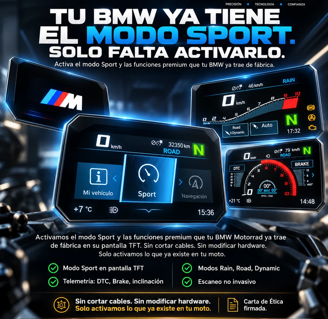 Activación del modo Sport y funciones premium en pantalla TFT BMW Motorrad