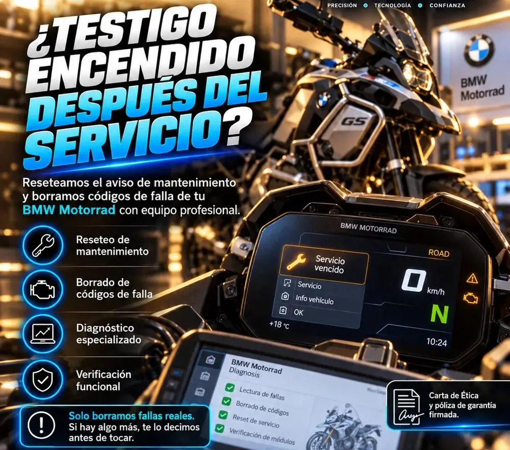 Reseteo de servicio y borrado de códigos de falla BMW Motorrad con tablero TFT y equipo de diagnóstico