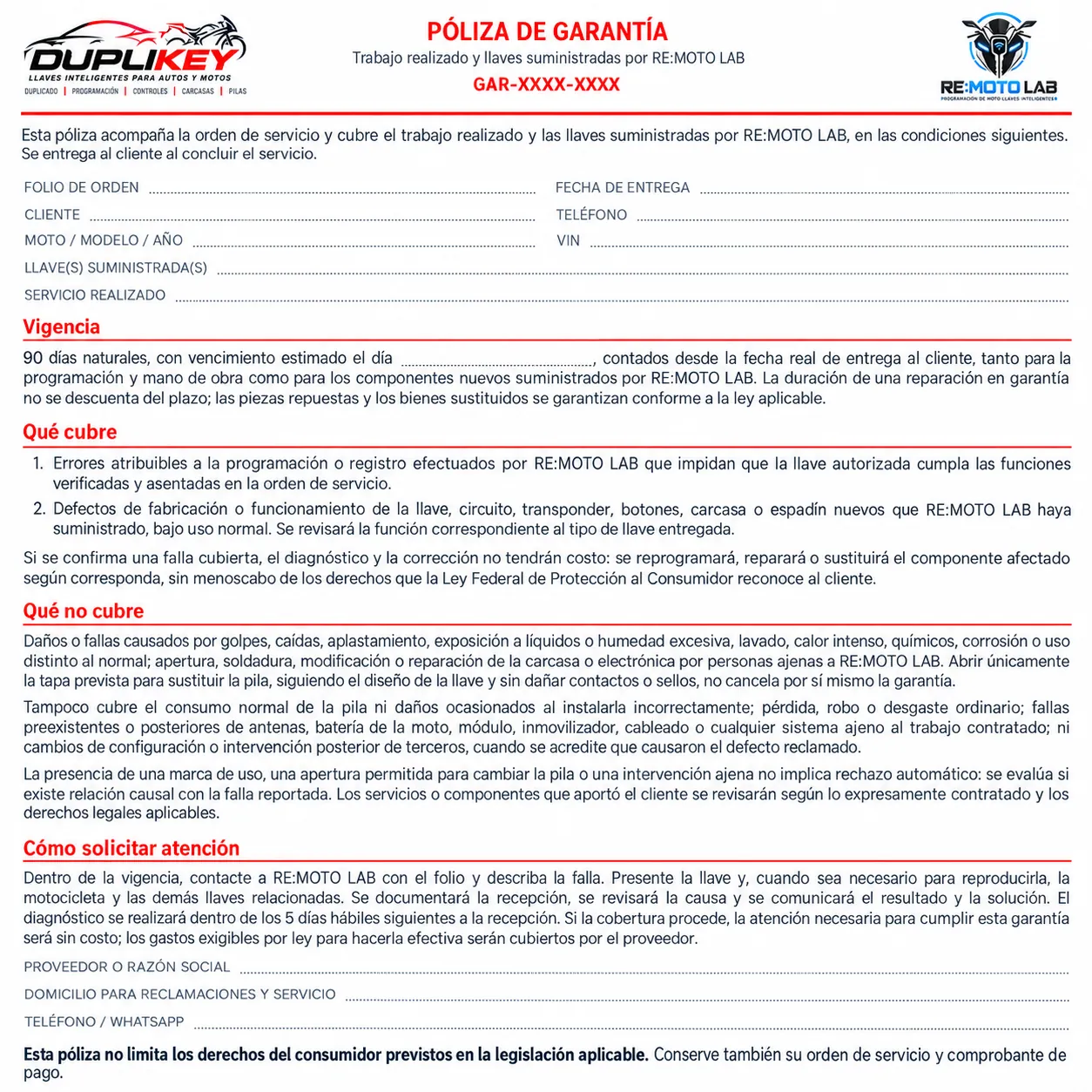 Póliza de garantía RE:MOTO LAB sin datos personales